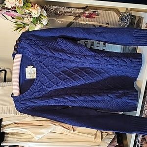 Blue cable knit sweater with wood button detail